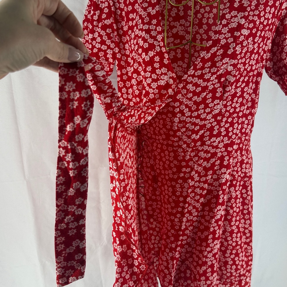 Red Floral Crepe Wrap Dress with Ruffle Sleeves - Small - Picture 10 of 15